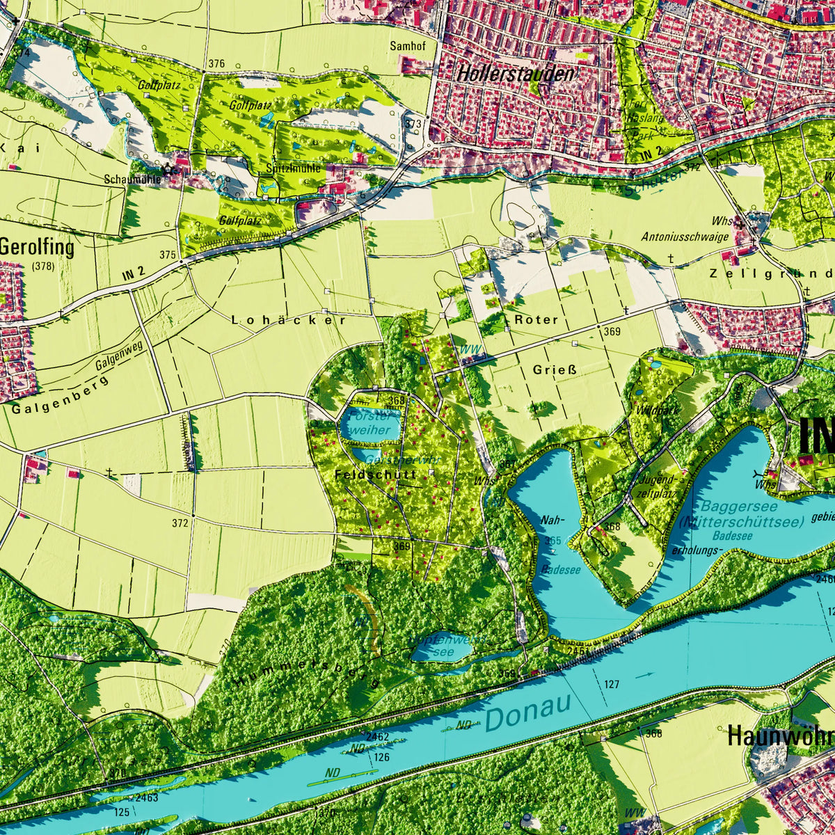 Stadt Ingolstadt Poster, Detailansicht der Reliefkarte in der Farbvariante Topographisch #dtk