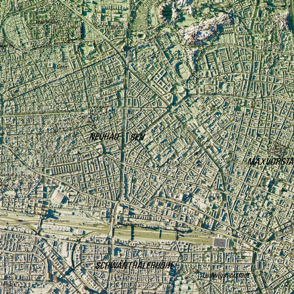 Landeshauptstadt München Poster, Detailansicht der Reliefkarte in der Farbvariante Salbei #c1