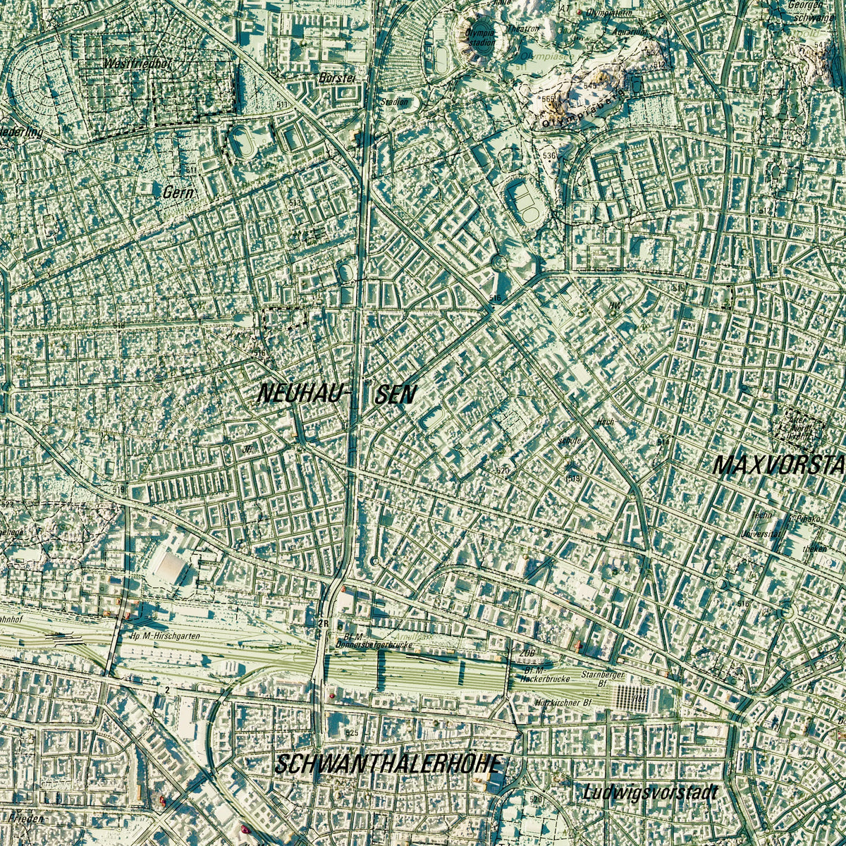 Landeshauptstadt München Poster, Detailansicht der Reliefkarte in der Farbvariante Petrol #c2