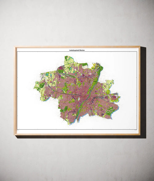 Landeshauptstadt München Poster als schattierte Reliefkarte, Farbvariante Topographisch, gerahmt an einer Wand #dtk