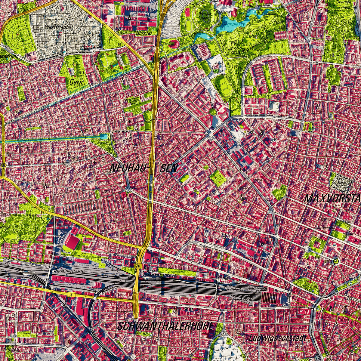 Landeshauptstadt München Poster, Detailansicht der Reliefkarte in der Farbvariante Topographisch #dtk