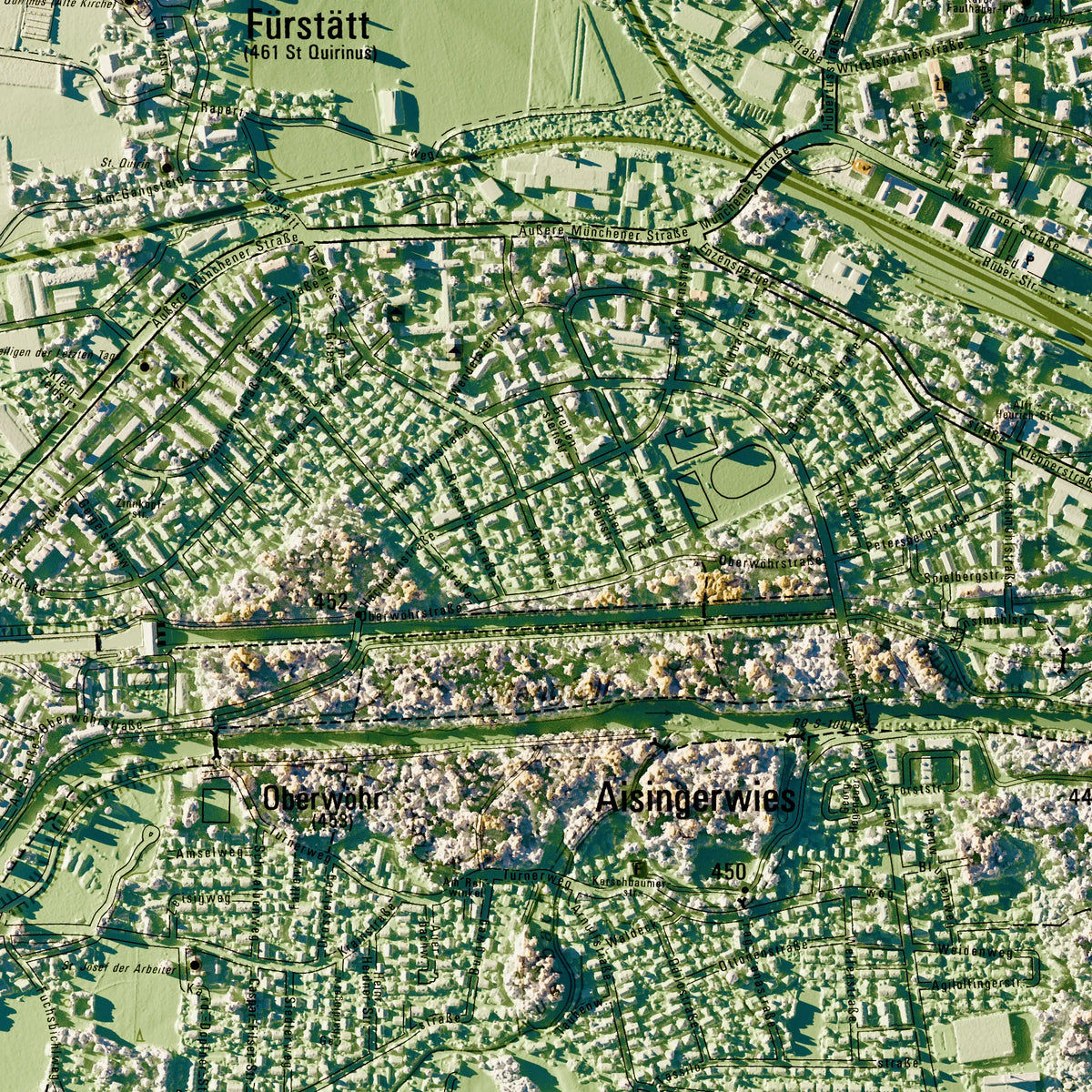 Stadt Rosenheim Poster, Detailansicht der Reliefkarte in der Farbvariante Salbei #c1
