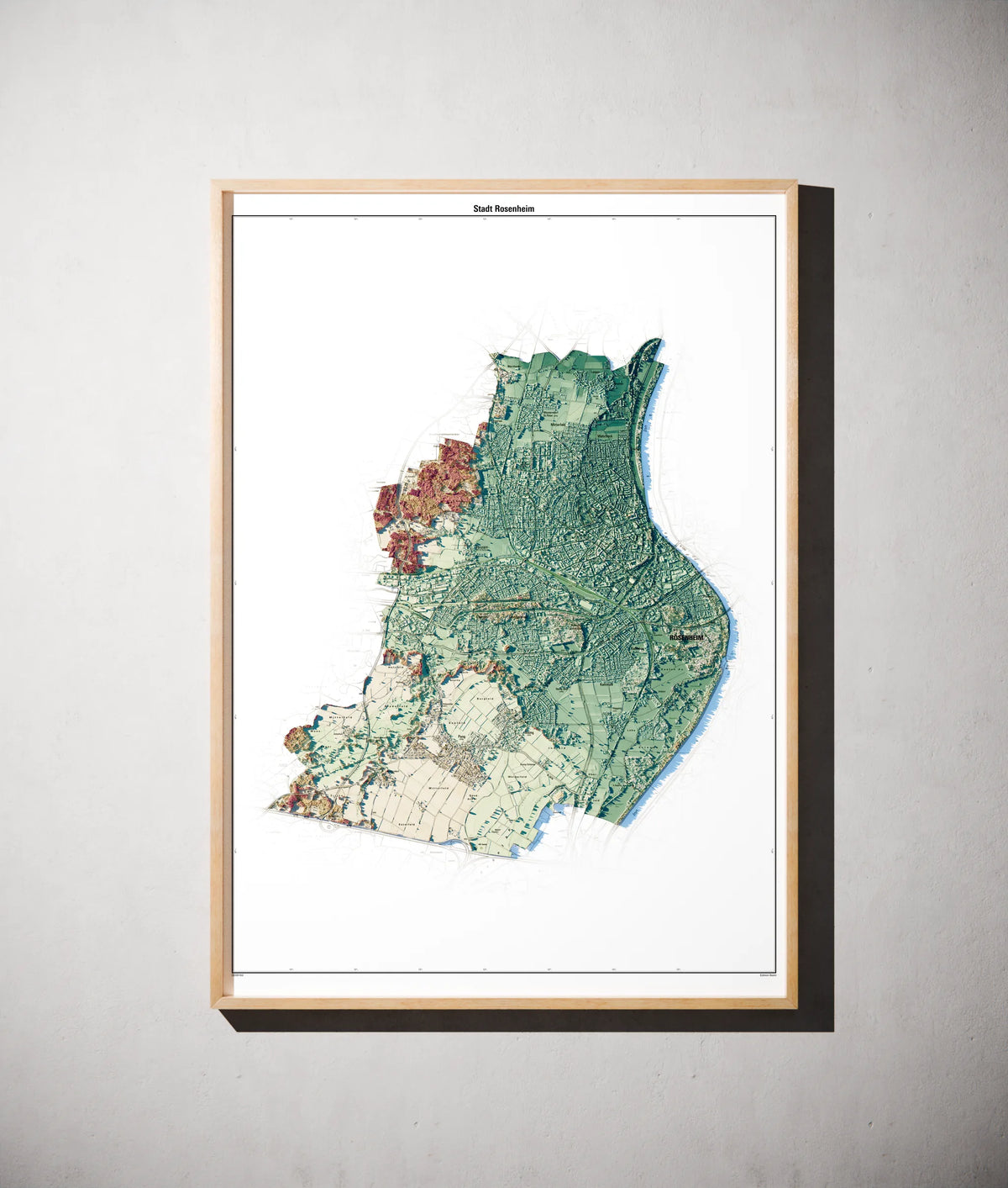 Stadt Rosenheim Poster als schattierte Reliefkarte, Farbvariante Petrol, gerahmt an einer Wand #c2