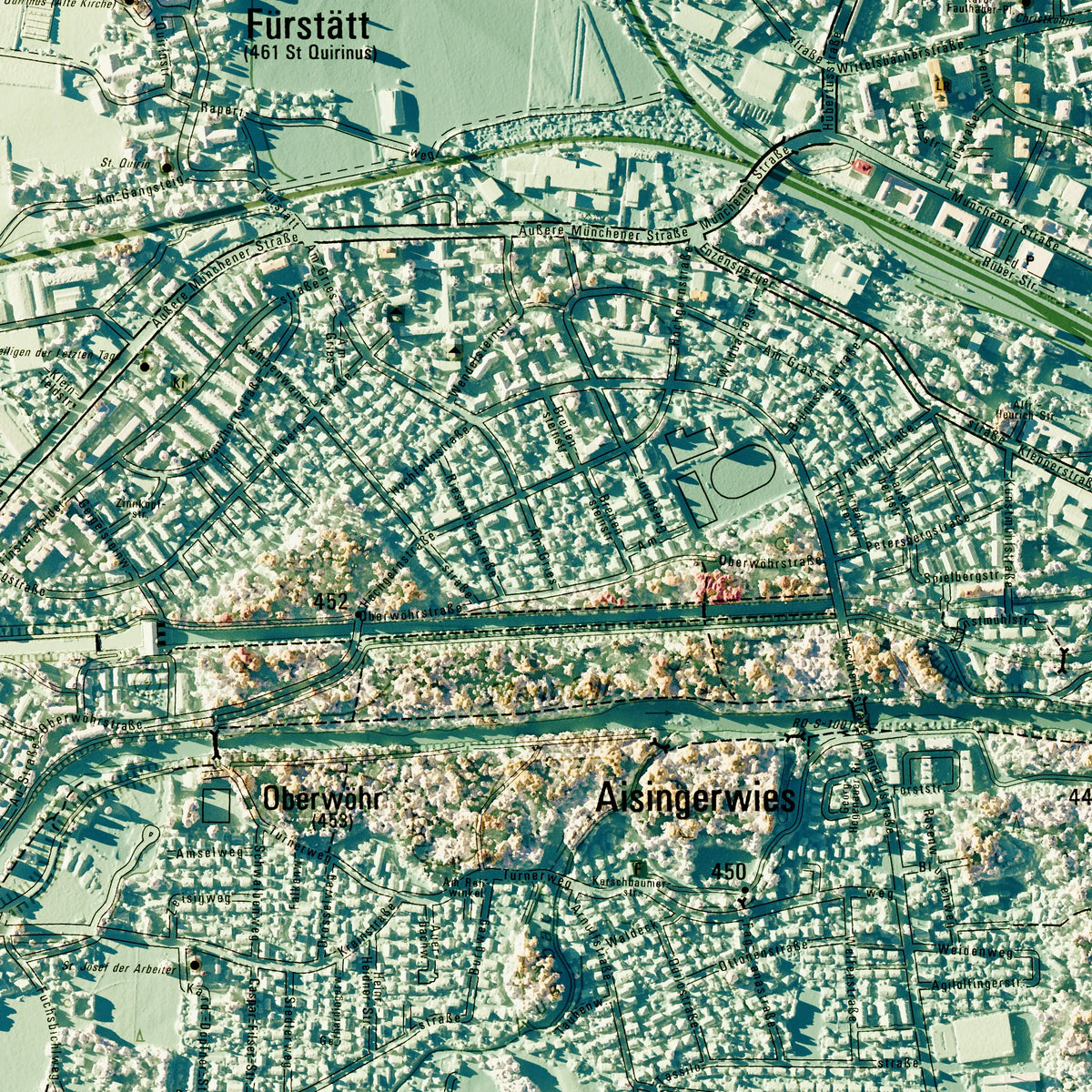 Stadt Rosenheim Poster, Detailansicht der Reliefkarte in der Farbvariante Petrol #c2