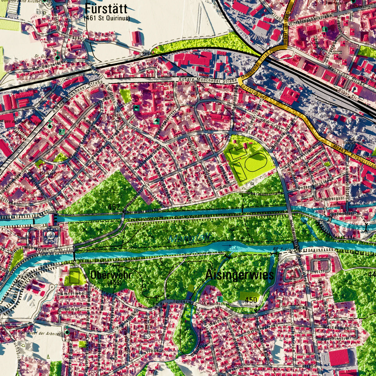 Stadt Rosenheim Poster, Detailansicht der Reliefkarte in der Farbvariante Topographisch #dtk