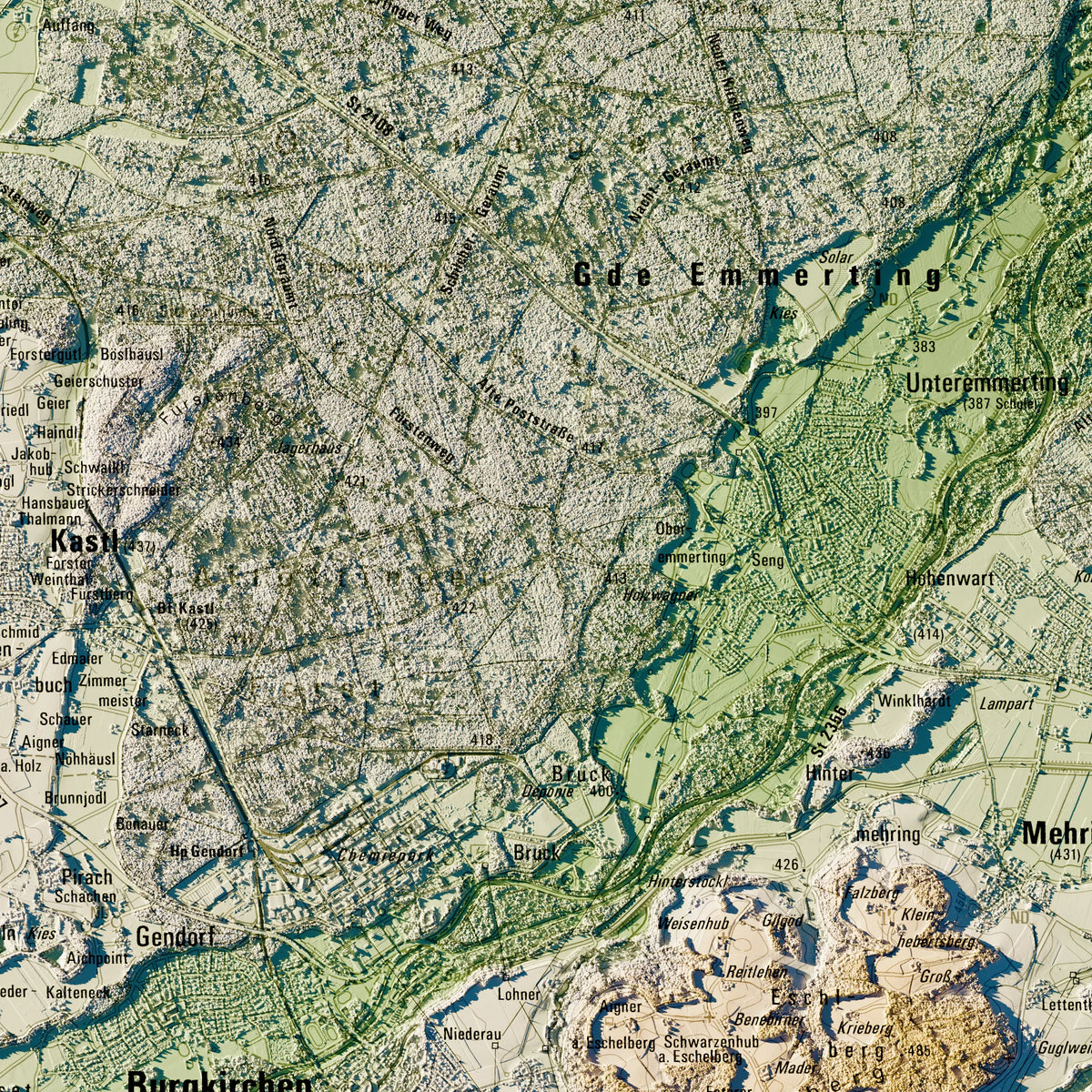 Landkreis Altötting Poster, Detailansicht der Reliefkarte in der Farbvariante Salbei #c1