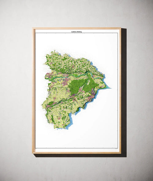 Landkreis Altötting Poster als schattierte Reliefkarte, Farbvariante Topographisch, gerahmt an einer Wand #dtk