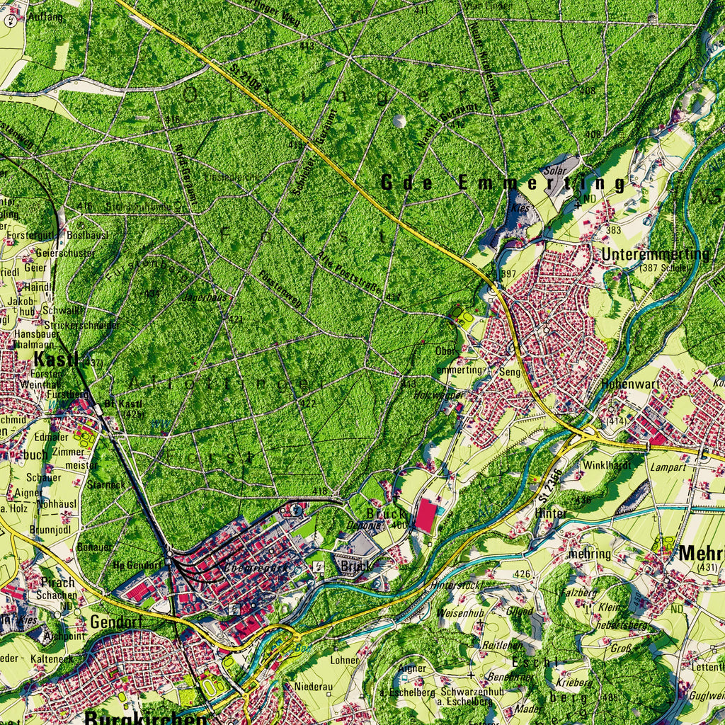 Landkreis Altötting Poster, Detailansicht der Reliefkarte in der Farbvariante Topographisch #dtk