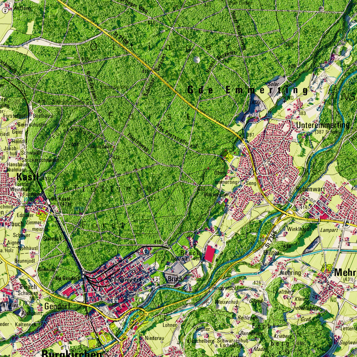 Landkreis Altötting Poster, Detailansicht der Reliefkarte in der Farbvariante Topographisch #dtk