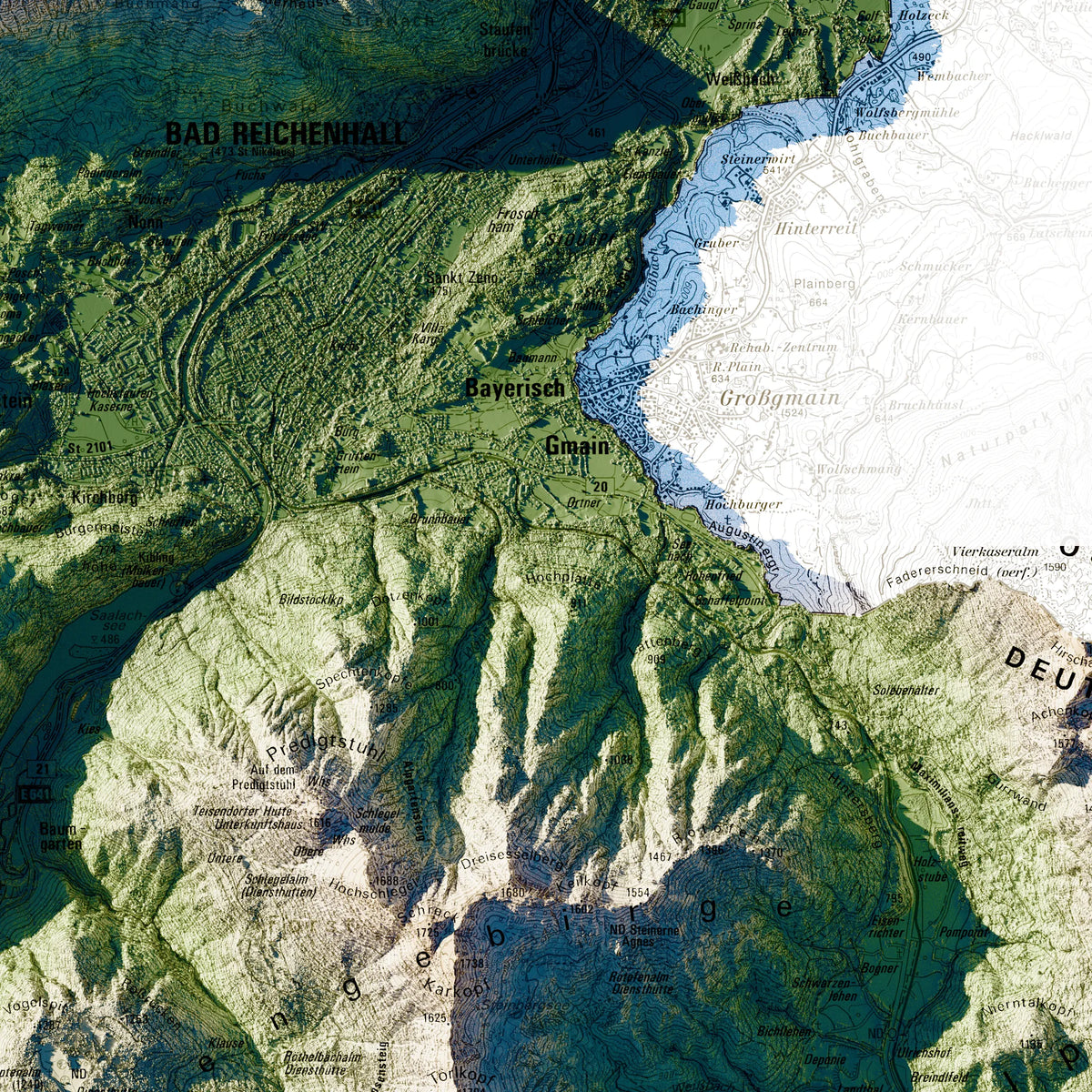 Landkreis Berchtesgadener Land Poster, Detailansicht der Reliefkarte in der Farbvariante Salbei #c1
