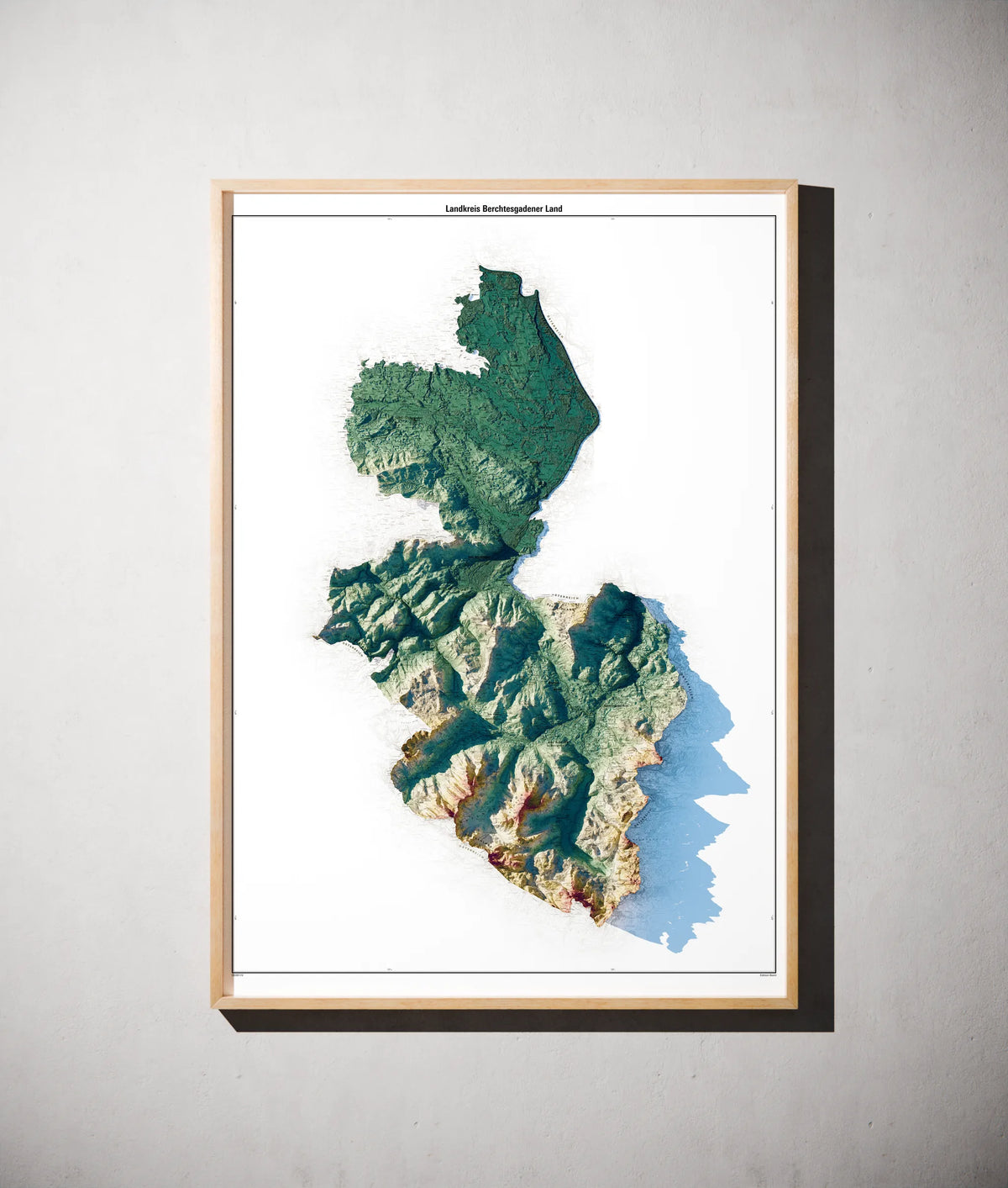 Landkreis Berchtesgadener Land Poster als schattierte Reliefkarte, Farbvariante Petrol, gerahmt an einer Wand #c2