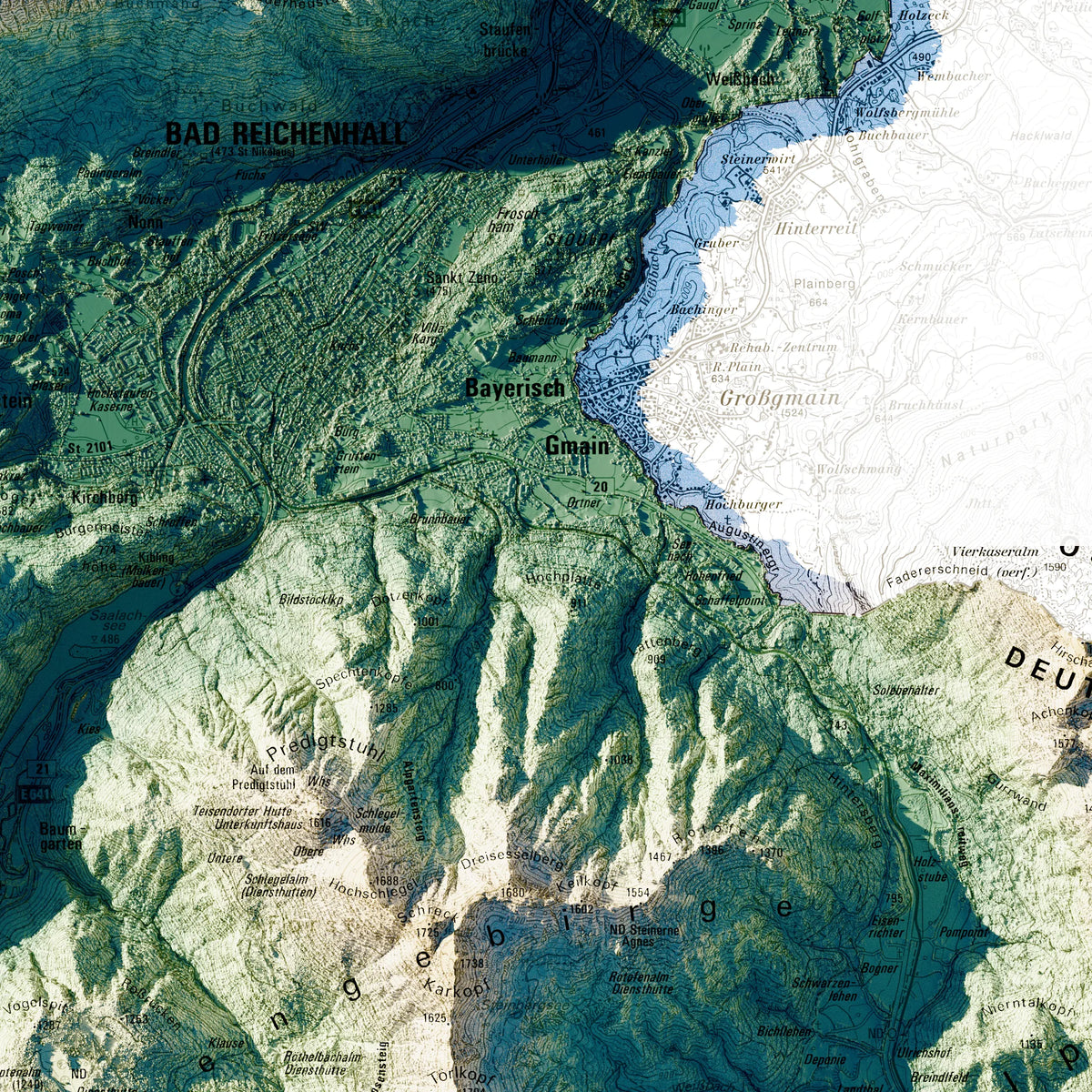Landkreis Berchtesgadener Land Poster, Detailansicht der Reliefkarte in der Farbvariante Petrol #c2