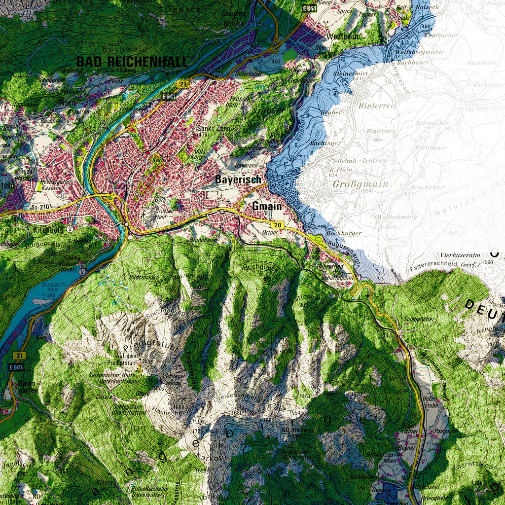 Landkreis Berchtesgadener Land Poster, Detailansicht der Reliefkarte in der Farbvariante Topographisch #dtk