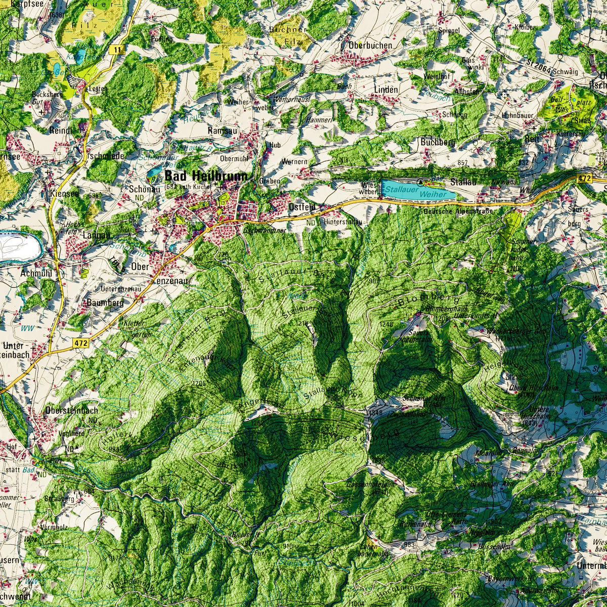 Landkreis Bad Tölz-Wolfratshausen Poster, Detailansicht der Reliefkarte in der Farbvariante Topographisch #dtk
