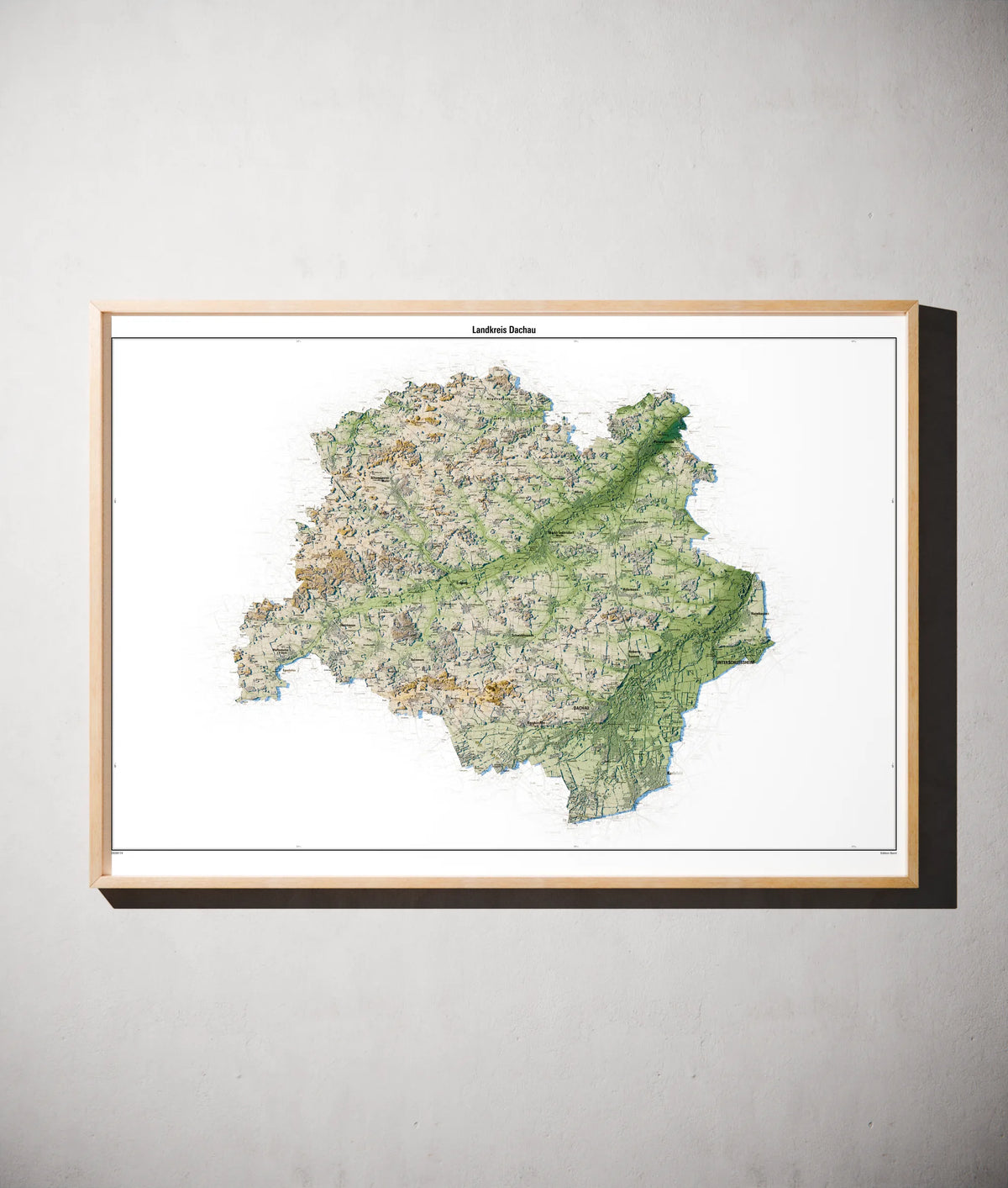 Landkreis Dachau Poster als schattierte Reliefkarte, Farbvariante Salbei, gerahmt an einer Wand #c1