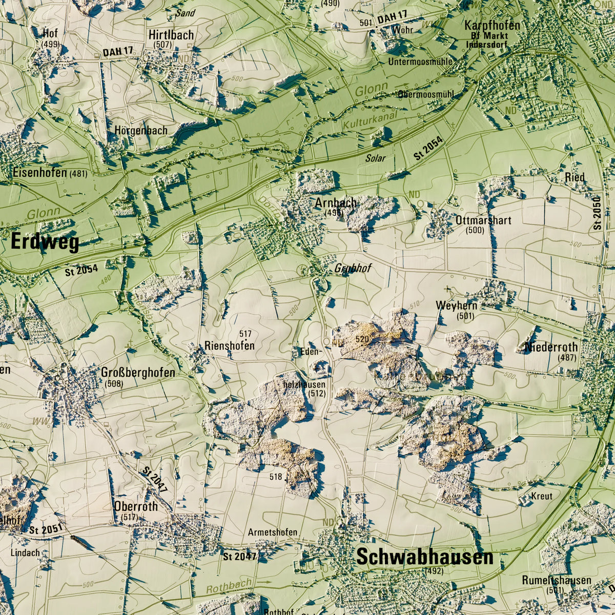 Landkreis Dachau Poster, Detailansicht der Reliefkarte in der Farbvariante Salbei #c1
