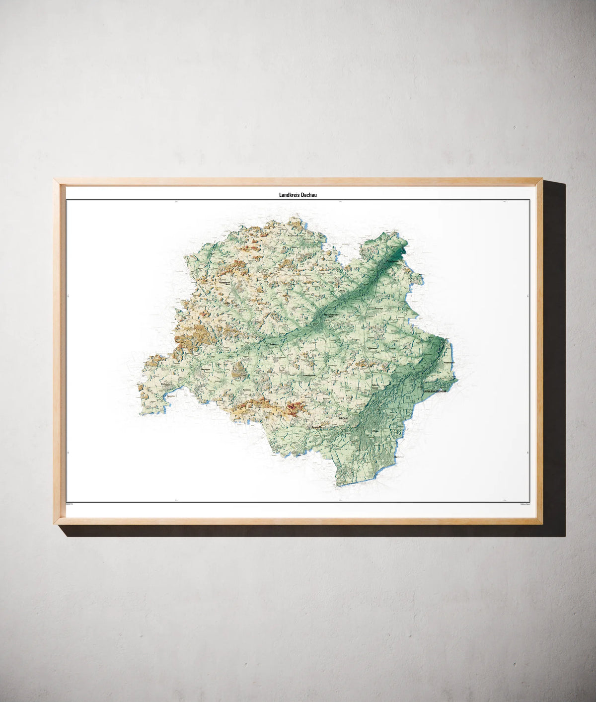 Landkreis Dachau Poster als schattierte Reliefkarte, Farbvariante Petrol, gerahmt an einer Wand #c2