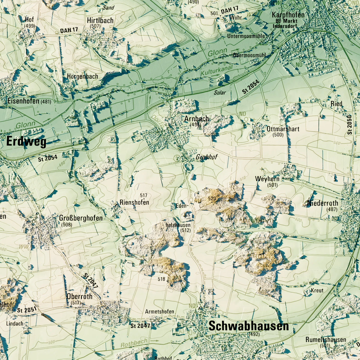 Landkreis Dachau Poster, Detailansicht der Reliefkarte in der Farbvariante Petrol #c2