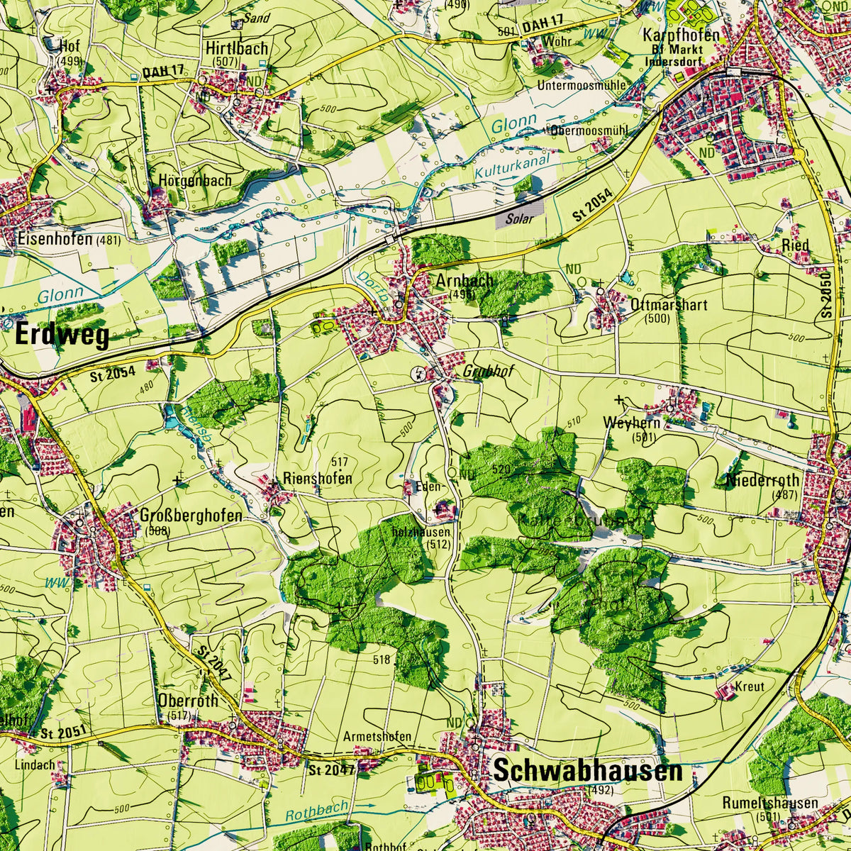 Landkreis Dachau Poster, Detailansicht der Reliefkarte in der Farbvariante Topographisch #dtk