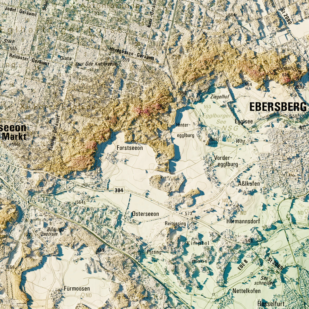 Landkreis Ebersberg Poster, Detailansicht der Reliefkarte in der Farbvariante Petrol #c2