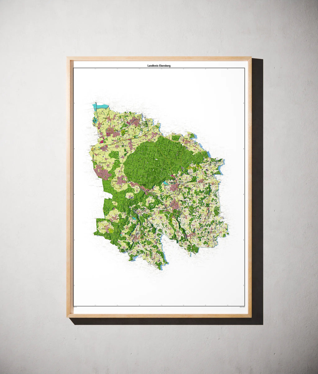 Landkreis Ebersberg Poster als schattierte Reliefkarte, Farbvariante Topographisch, gerahmt an einer Wand #dtk