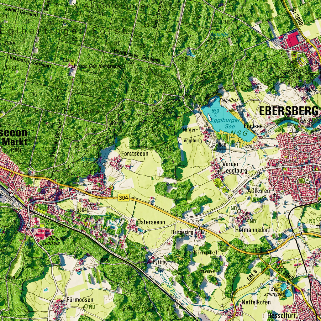 Landkreis Ebersberg Poster, Detailansicht der Reliefkarte in der Farbvariante Topographisch #dtk