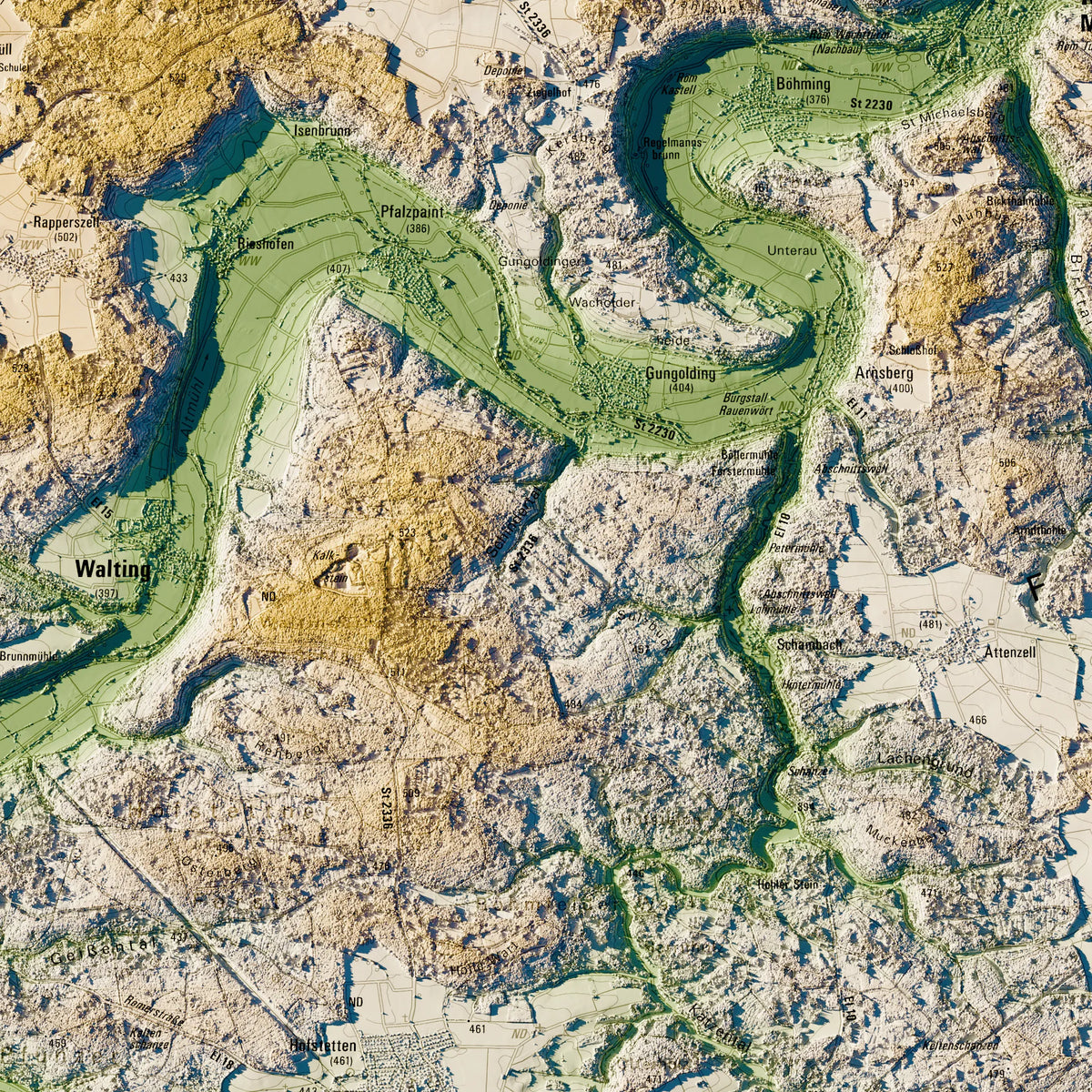 Landkreis Eichstätt Poster, Detailansicht der Reliefkarte in der Farbvariante Salbei #c1