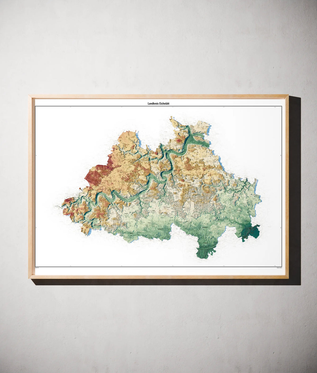 Landkreis Eichstätt Poster als schattierte Reliefkarte, Farbvariante Petrol, gerahmt an einer Wand #c2