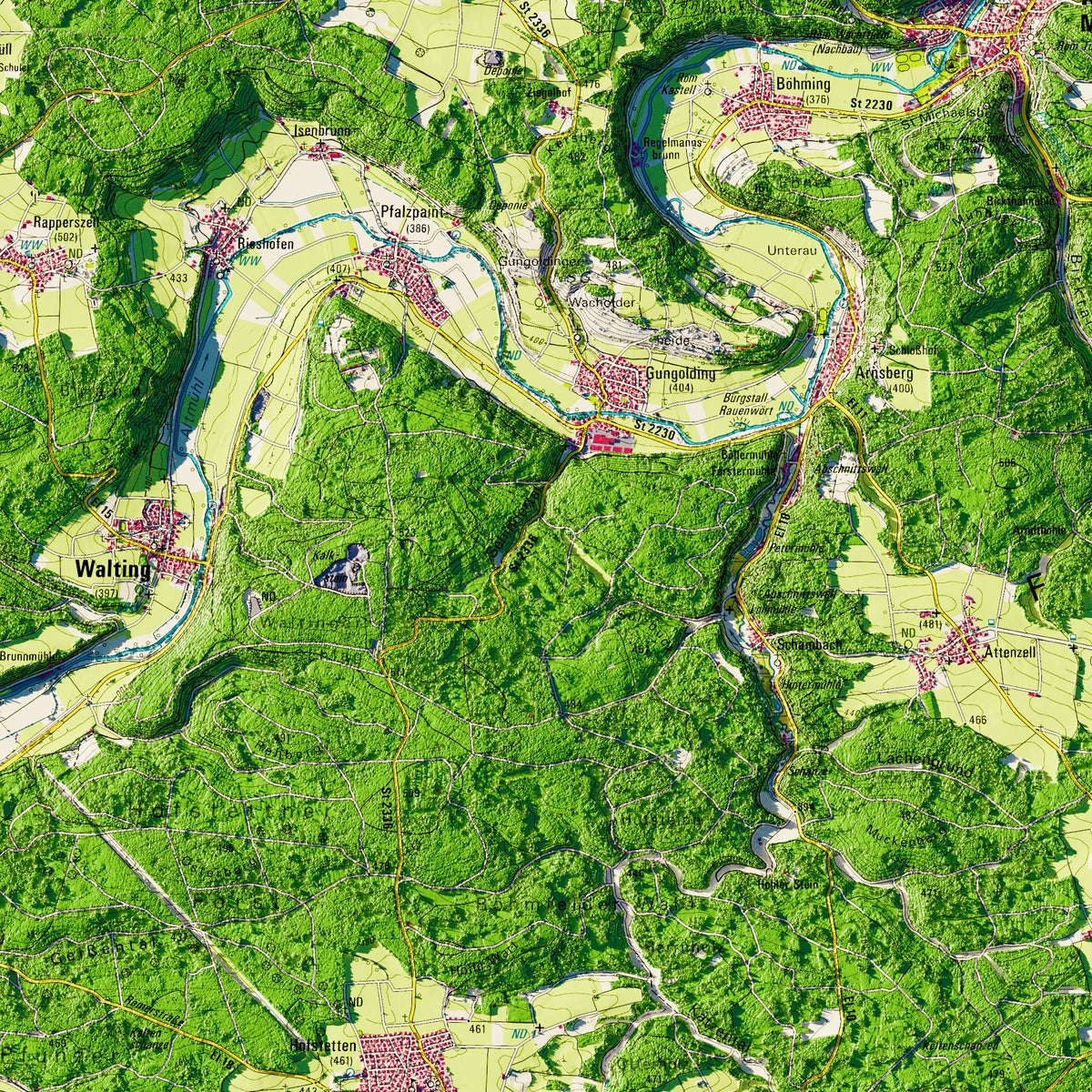 Landkreis Eichstätt Poster, Detailansicht der Reliefkarte in der Farbvariante Topographisch #dtk