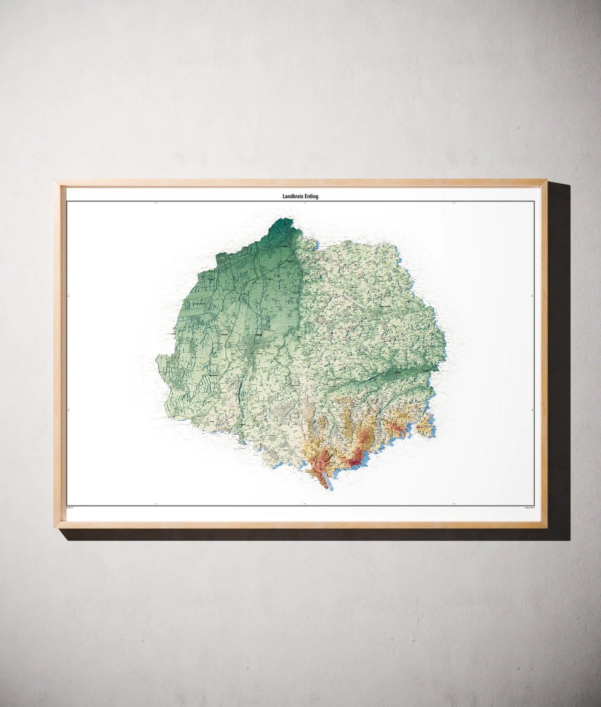Landkreis Erding Poster als schattierte Reliefkarte, Farbvariante Petrol, gerahmt an einer Wand #c2