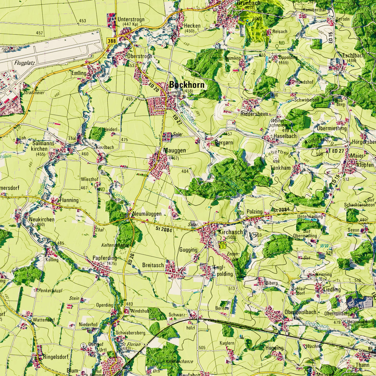 Landkreis Erding Poster, Detailansicht der Reliefkarte in der Farbvariante Topographisch #dtk