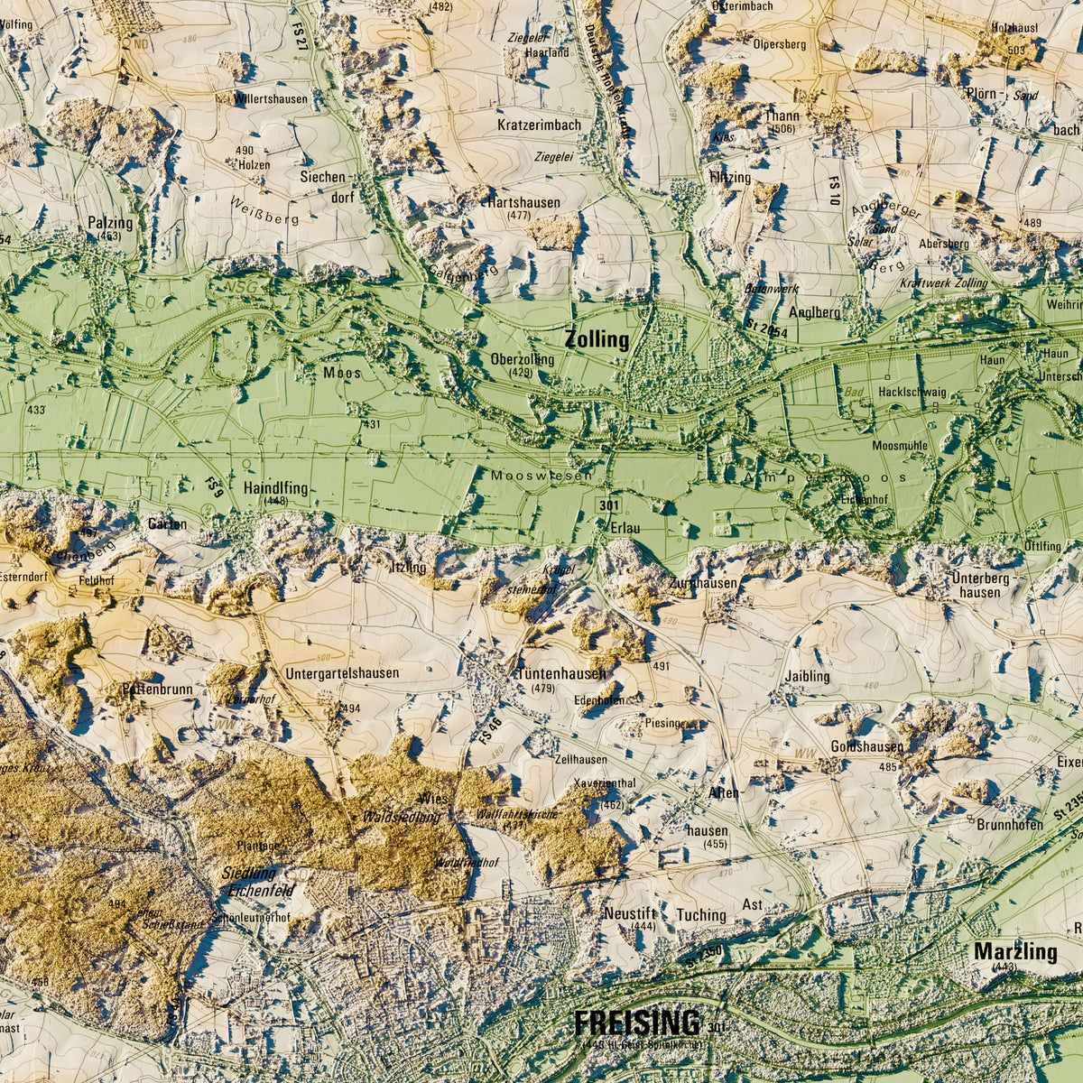 Landkreis Freising Poster, Detailansicht der Reliefkarte in der Farbvariante Salbei #c1