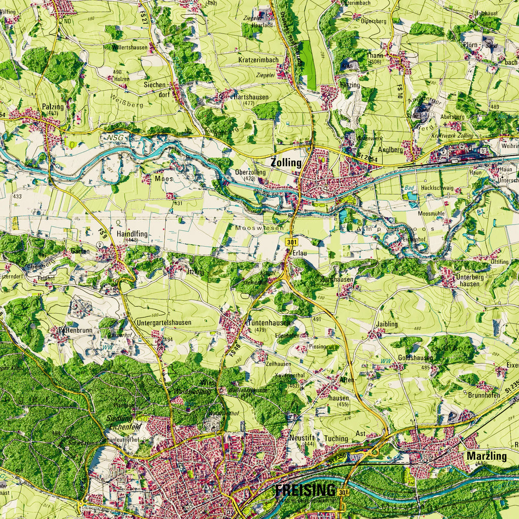 Landkreis Freising Poster, Detailansicht der Reliefkarte in der Farbvariante Topographisch #dtk