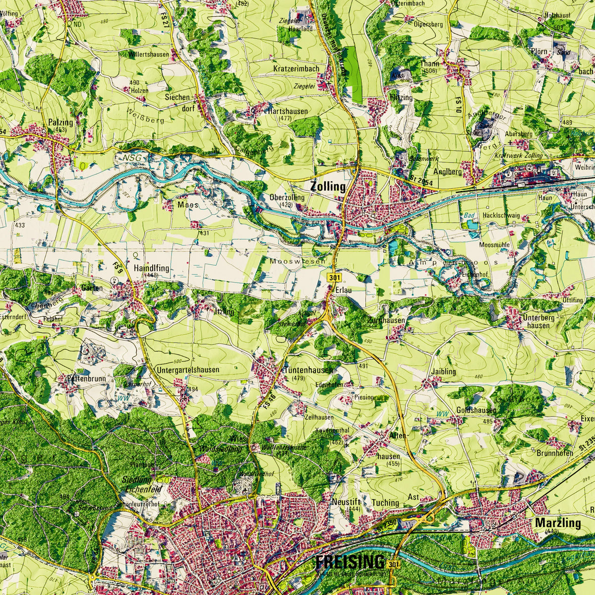 Landkreis Freising Poster, Detailansicht der Reliefkarte in der Farbvariante Topographisch #dtk