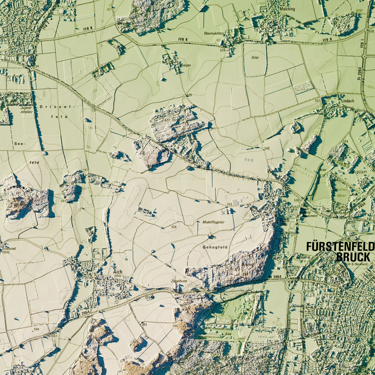 Landkreis Fürstenfeldbruck Poster, Detailansicht der Reliefkarte in der Farbvariante Salbei #c1