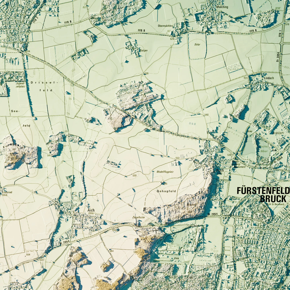 Landkreis Fürstenfeldbruck Poster, Detailansicht der Reliefkarte in der Farbvariante Petrol #c2