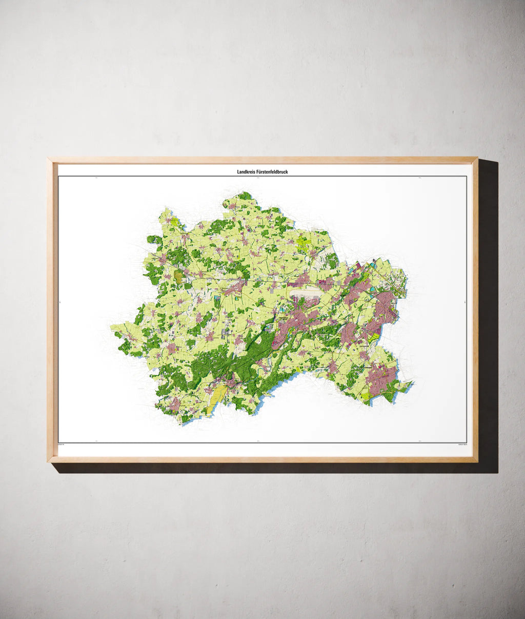 Landkreis Fürstenfeldbruck Poster als schattierte Reliefkarte, Farbvariante Topographisch, gerahmt an einer Wand #dtk