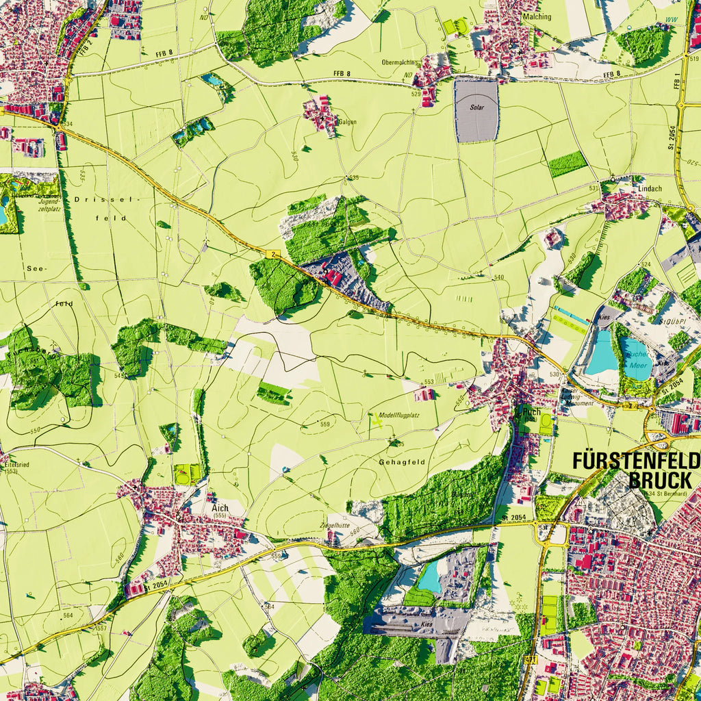 Landkreis Fürstenfeldbruck Poster, Detailansicht der Reliefkarte in der Farbvariante Topographisch #dtk