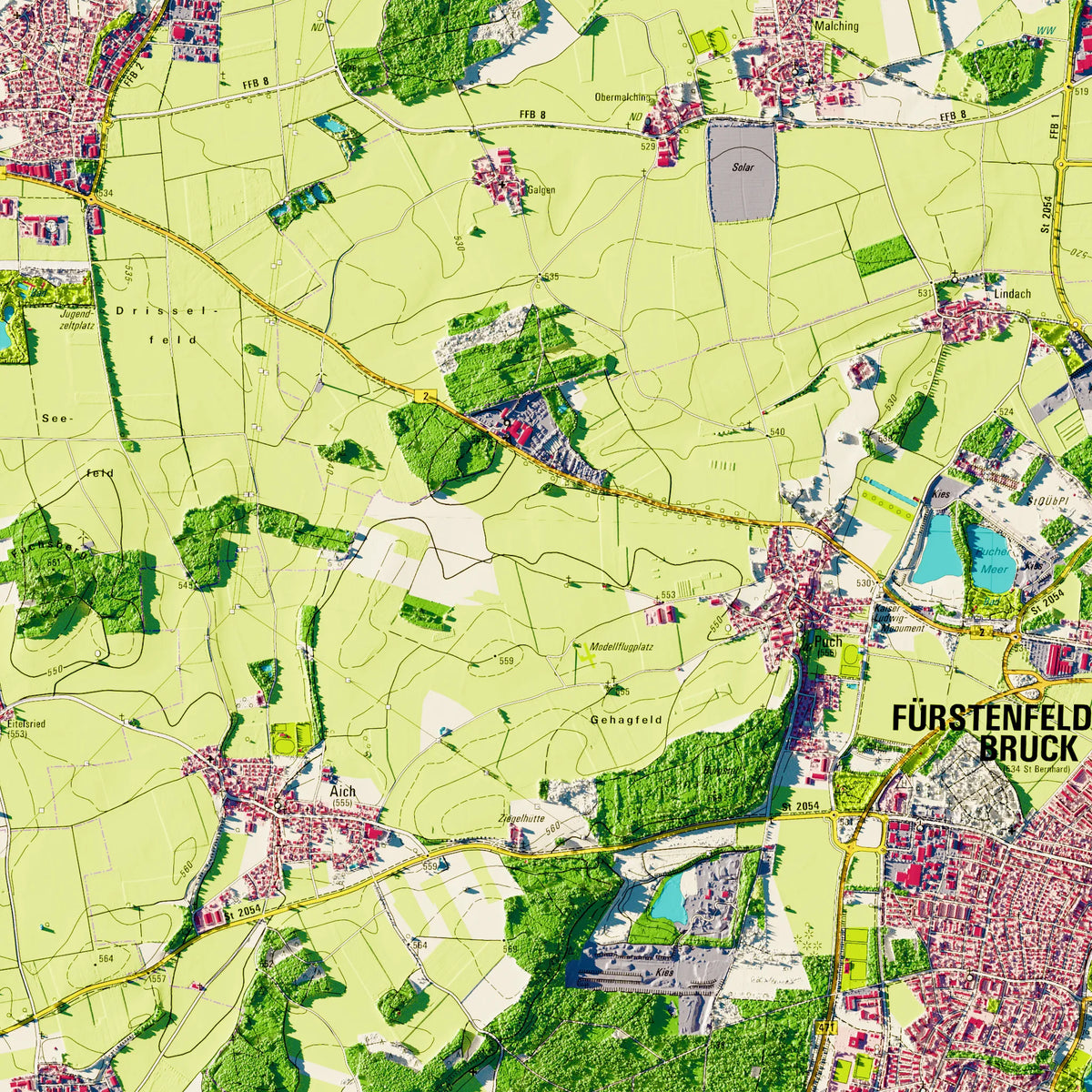Landkreis Fürstenfeldbruck Poster, Detailansicht der Reliefkarte in der Farbvariante Topographisch #dtk