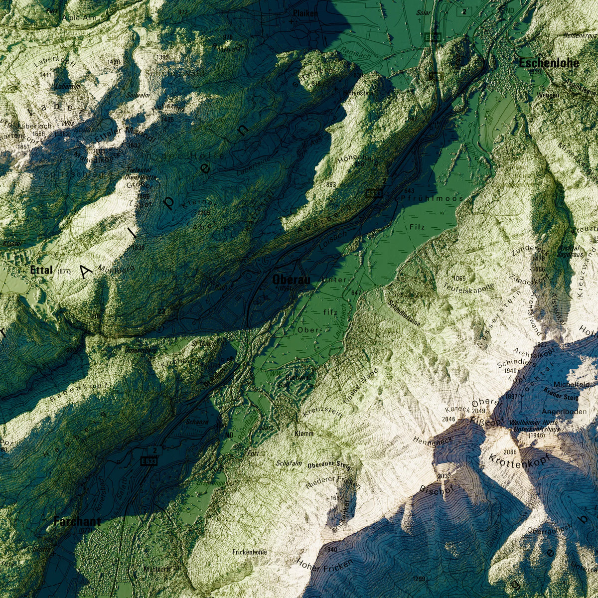 Landkreis Garmisch-Partenkirchen Poster, Detailansicht der Reliefkarte in der Farbvariante Salbei #c1