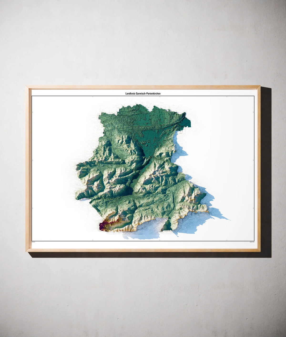Landkreis Garmisch-Partenkirchen Poster als schattierte Reliefkarte, Farbvariante Petrol, gerahmt an einer Wand #c2