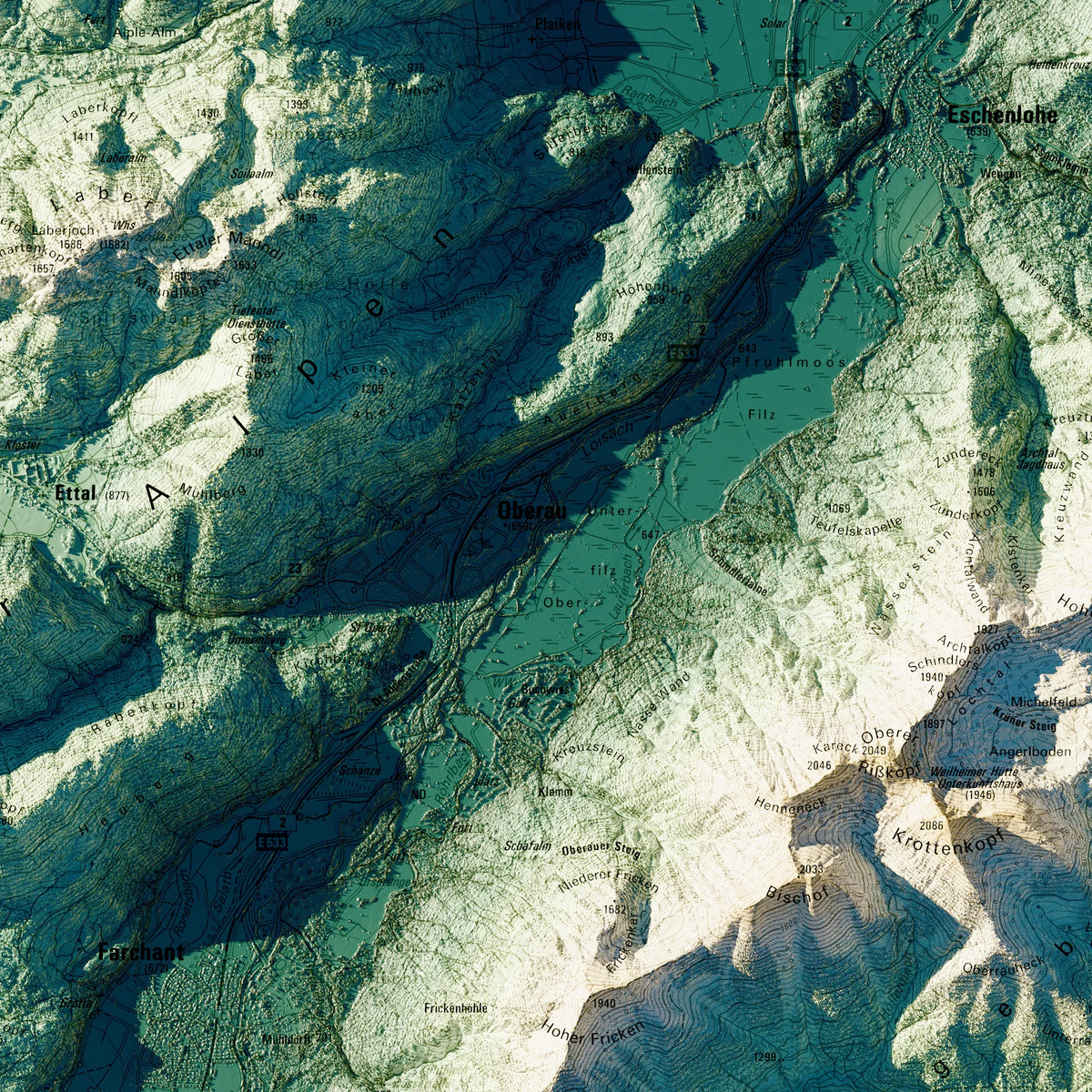 Landkreis Garmisch-Partenkirchen Poster, Detailansicht der Reliefkarte in der Farbvariante Petrol #c2