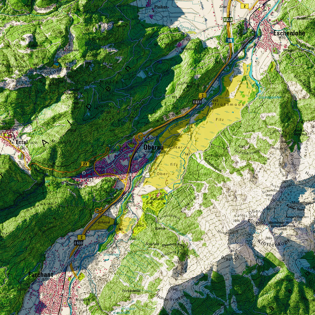 Landkreis Garmisch-Partenkirchen Poster, Detailansicht der Reliefkarte in der Farbvariante Topographisch #dtk