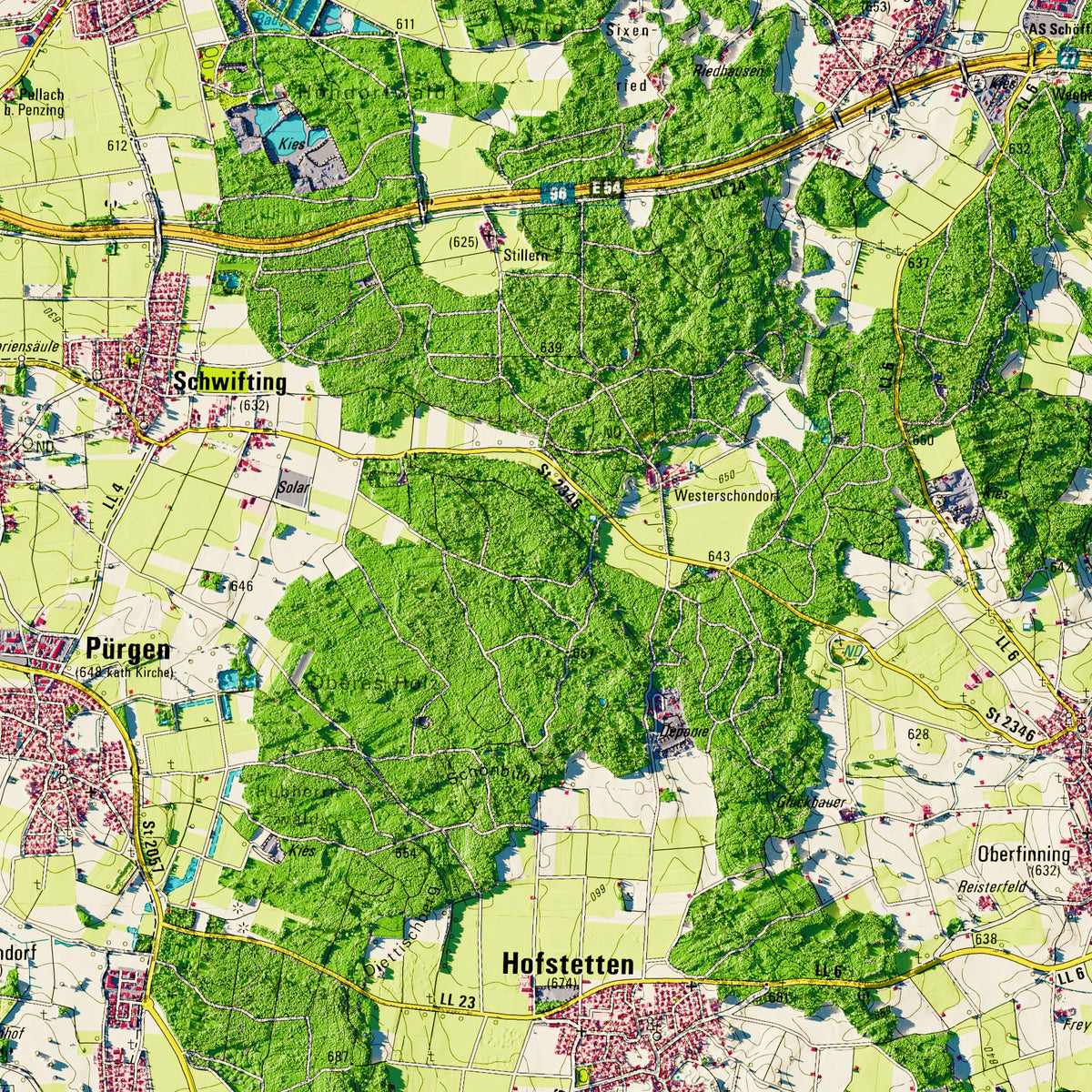Landkreis Landsberg am Lech Poster, Detailansicht der Reliefkarte in der Farbvariante Topographisch #dtk