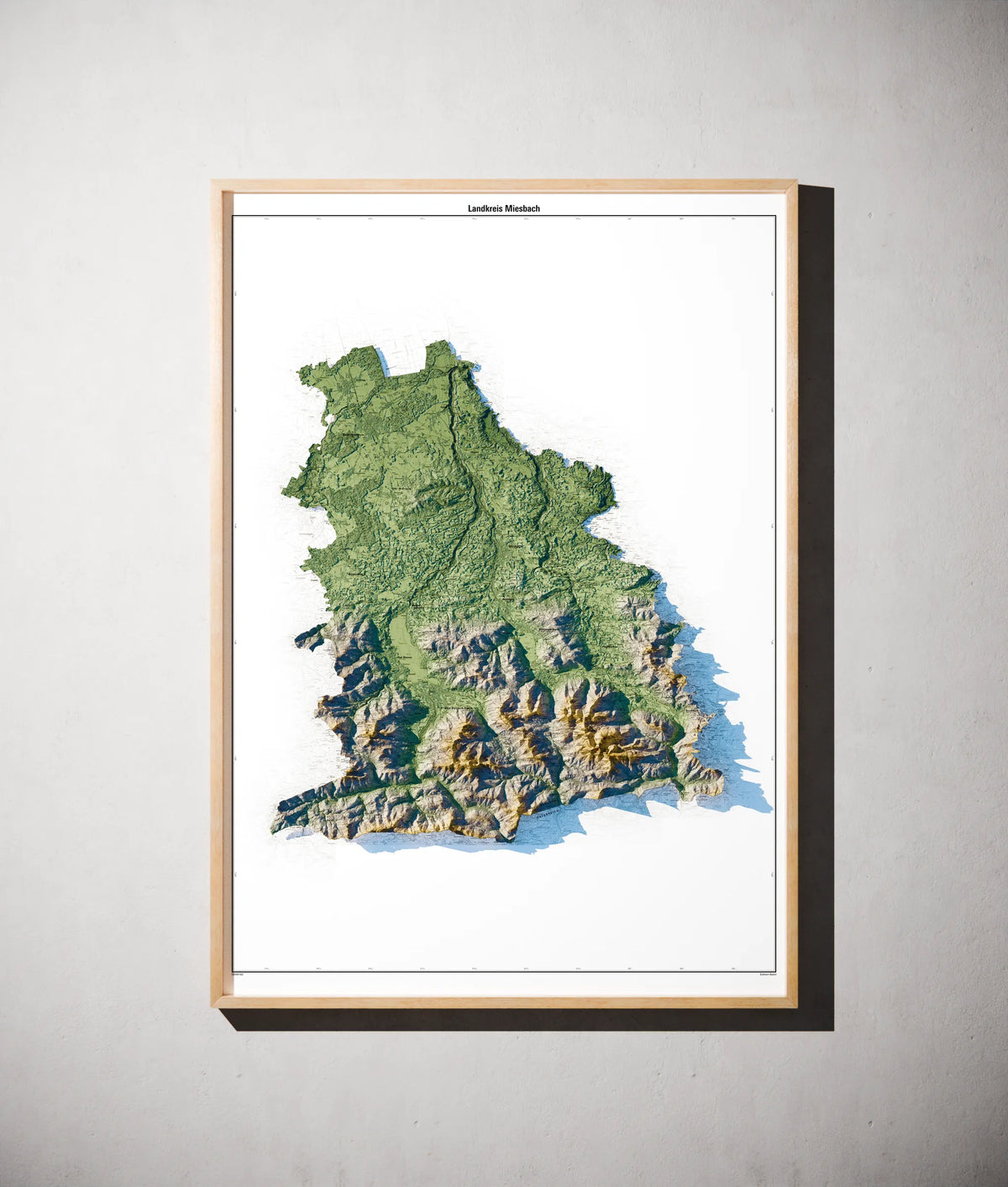 Landkreis Miesbach Poster als schattierte Reliefkarte, Farbvariante Salbei, gerahmt an einer Wand #c1