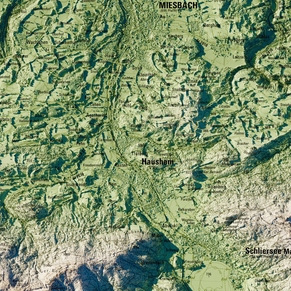 Landkreis Miesbach Poster, Detailansicht der Reliefkarte in der Farbvariante Salbei #c1
