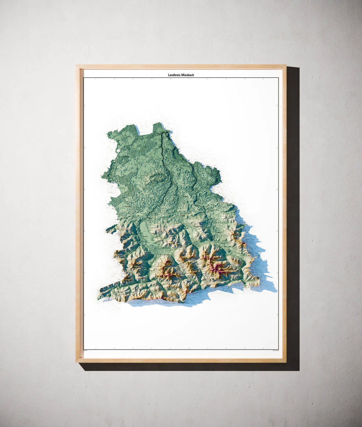 Landkreis Miesbach Poster als schattierte Reliefkarte, Farbvariante Petrol, gerahmt an einer Wand #c2