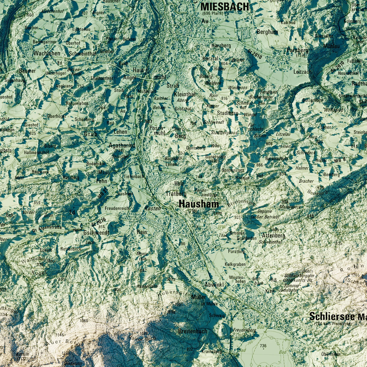 Landkreis Miesbach Poster, Detailansicht der Reliefkarte in der Farbvariante Petrol #c2