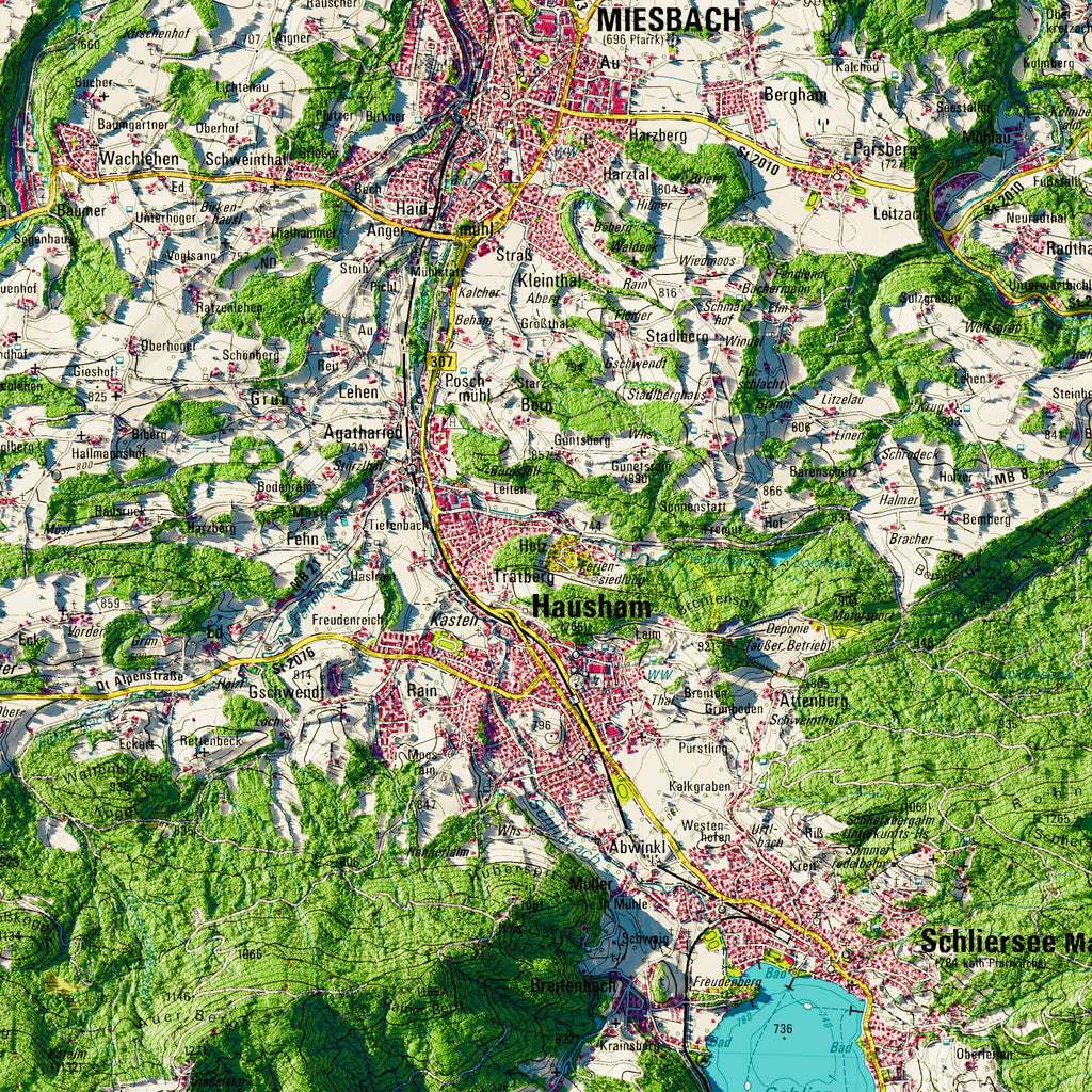 Landkreis Miesbach Poster, Detailansicht der Reliefkarte in der Farbvariante Topographisch #dtk