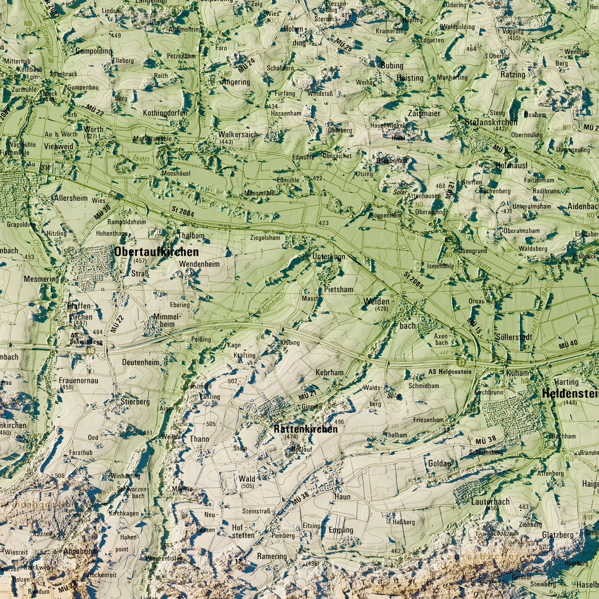 Landkreis Mühldorf a.Inn Poster, Detailansicht der Reliefkarte in der Farbvariante Salbei #c1